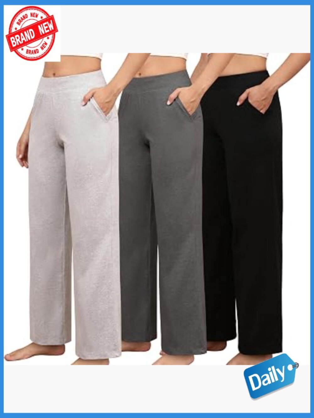 Women's Petite Wide Leg Lounge Pants with Pockets 3 Pack